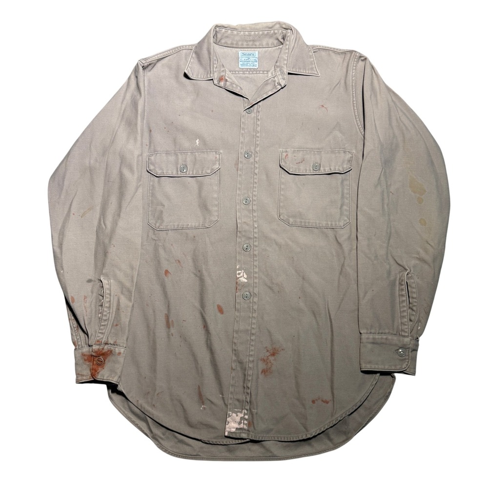 Vintage Sears Mountain Cloth Work Shirt Gray Cotton Twill Paint Distressed M